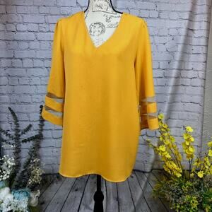 Casual V Neck 3/4 Bell Sleeve Mesh Panel Blouse Golden Glow XL